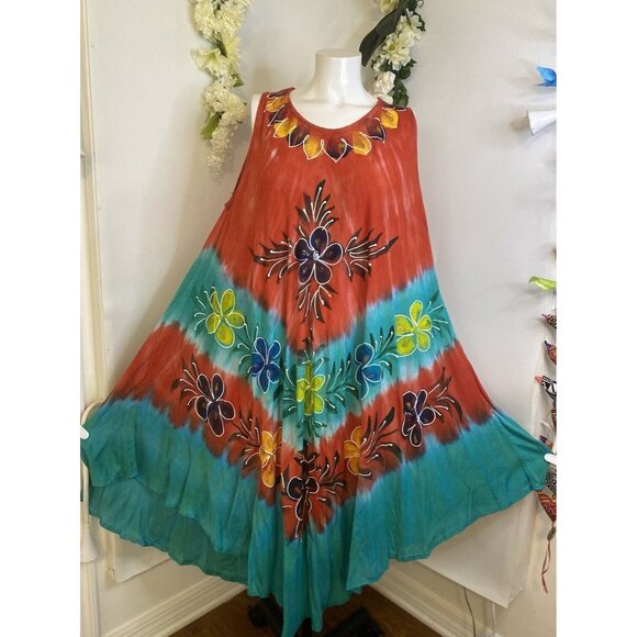 Vtg Seven Islands Boho Tie Dye Cultural Flowy Dress Sleeveless Flowers One‎ Size - Picture 2 of 16